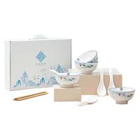 共禾京品（JINGREPUBLIC）鹤翔云天中国风餐具12头套装高颜值碗碟盘釉下彩新居乔迁高档 天蓝色