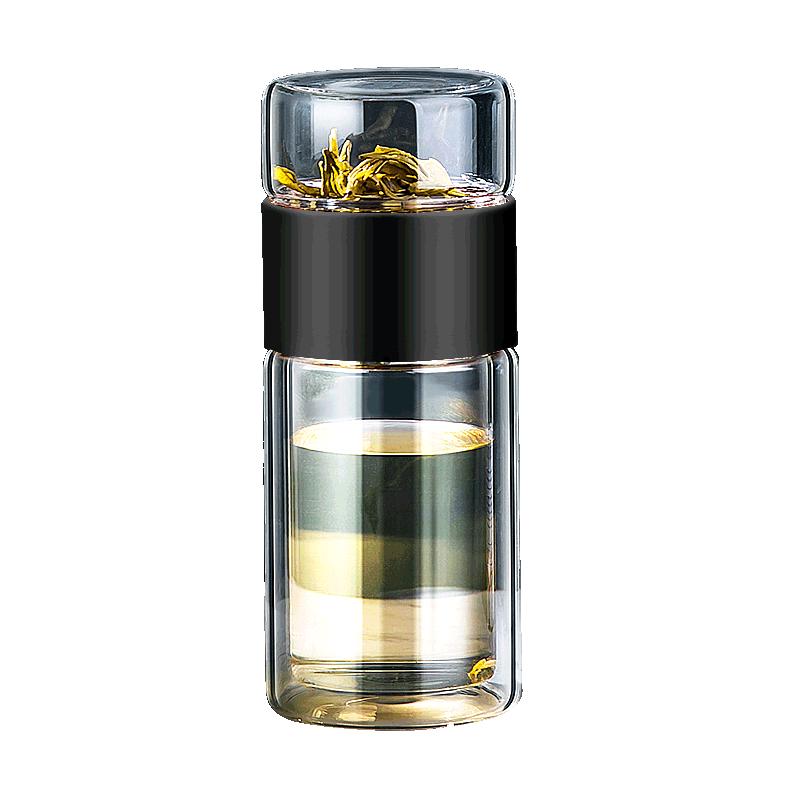 创健玻璃杯 双层创意车载便携男女士泡茶杯玻璃 茶水分离水杯子 木纹咖加厚+杯刷+杯套
