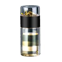 创健玻璃杯 双层创意车载便携男女士泡茶杯玻璃 茶水分离水杯子 木纹咖加厚+杯刷+杯套