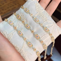 花饰庄园古法珐琅彩葫芦手链国风新中式白铜百搭花朵四叶描金喜乐手串 珐琅小花手链 白铜