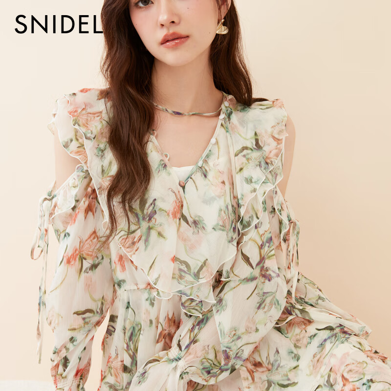 SNIDEL2025春夏新品甜美荷叶边露肩收腰系带印花连衣裙SWFO251069   （1）