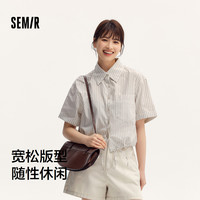 森马中袖衬衫女短款条纹宽松慵懒风夏季翻边袖抽绳仿麻衬衣松弛感