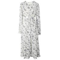 三彩2024春季法式碎花连衣裙V领系带A字裙浪漫中长裙优雅女 白黑 S 155/80A 155/80A/S