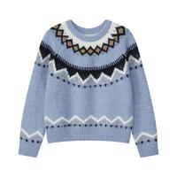 VEGA CHANG毛衣女冬季2024年复古费尔岛花纹慵懒设计感针织衫 白色提花 均码