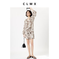 CLMX夏季休闲两件套莱赛尔亚麻混纺印花长袖上衣/阔腿短裤