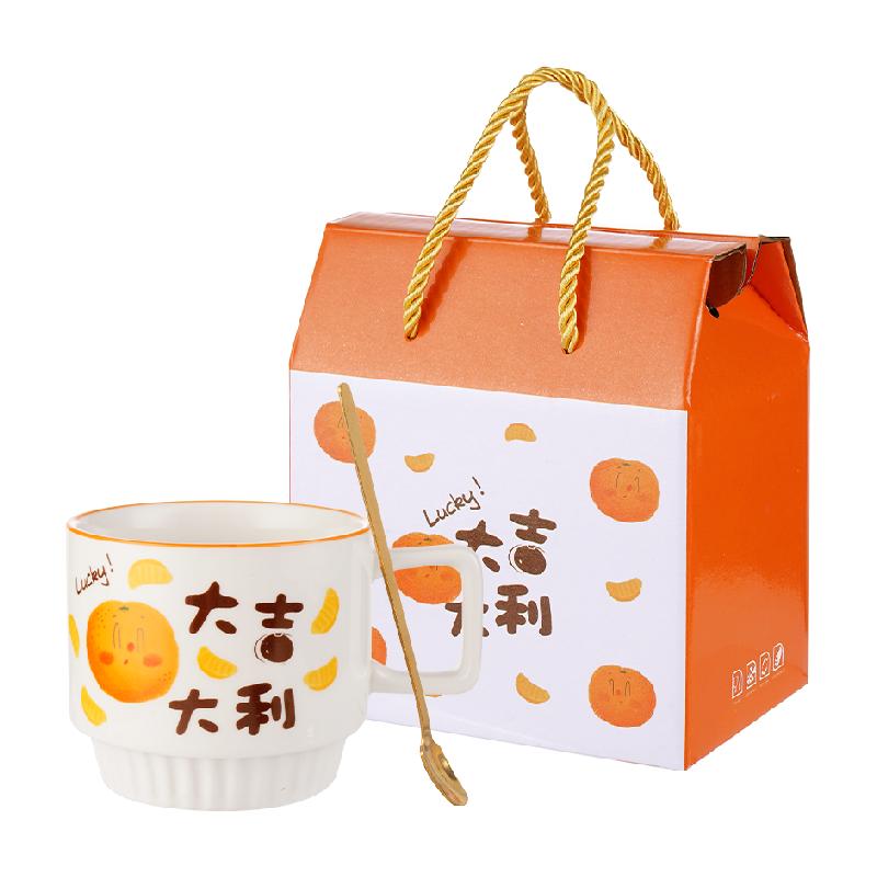 广意陶瓷马克杯高颜值创意水杯带盖勺女生陶瓷杯精致礼盒装
