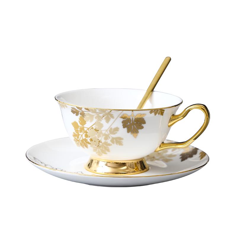 心饰园咖啡杯礼盒欧式高档骨瓷杯碟英式下午茶茶杯套装陶瓷杯子 树叶一杯碟（配磨砂金勺）快递装