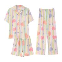 棉基因女士睡衣女夏季翻领开衫短袖长裤云朵棉三件套可外穿家居服套装女