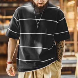 马登 工装美式休闲黑白撞色条纹T恤Cityboy半袖日系圆领短袖男夏