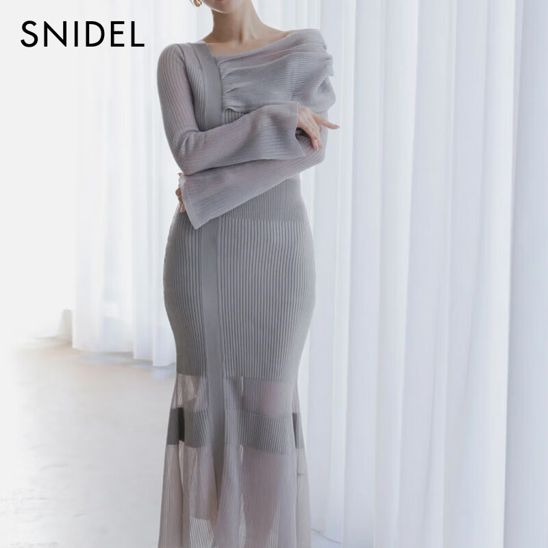 SNIDEL2025春夏新品气质斜肩透肤包臀鱼尾针织连衣裙SWNO251143