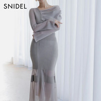 SNIDEL2025春夏新品气质斜肩透肤包臀鱼尾针织连衣裙SWNO251143