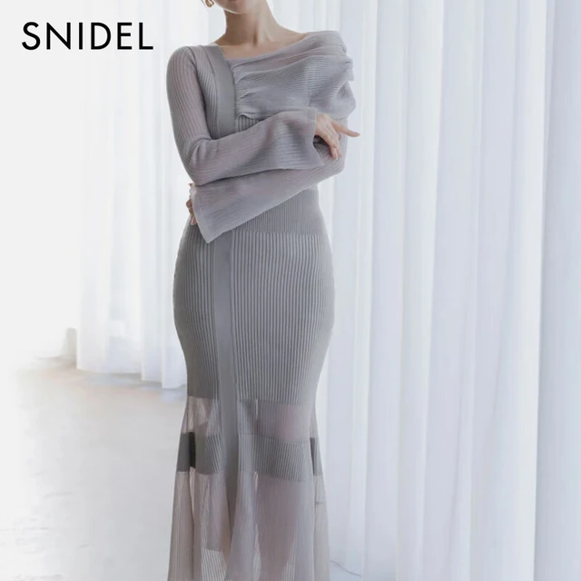 SNIDEL2025春夏新品气质斜肩透肤包臀鱼尾针织连衣裙SWNO251143