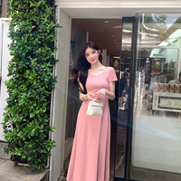 alex stevens纯色修身短袖连衣裙女度假长裙春夏季垂感中长款裙子