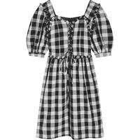 连衣裙女复古方领格子裙腰部抽绳设计连衣裙女夏