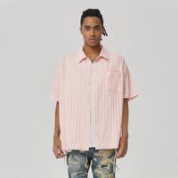 ROCAWEAR 肌理竖纹logo贴布印花清新轻薄情侣衬衫短袖衬衣