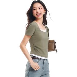 森马 短袖t恤女短款假两件百搭上衣25夏装显瘦U领套头衫109325100015 深卡其A51307 M
