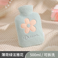 爱艺电器 AIYI 0122 冲水热水袋 薄荷绿泫雅花 暖手款 500ml 安全防爆内胆 可拆洗毛绒外套