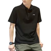 李宁 LI-NING翻领polo衫男士短袖衣服春夏夏季纯棉休闲透气半袖t恤男T 标准黑 100%棉 XL (180)