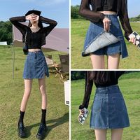 UKMR高腰牛仔短裙女潮流百搭夏季薄裙裤a字裤裙包臀裙半身裙子女 浅蓝色-带牛仔内衬【高品质】 M 码【94-105斤】