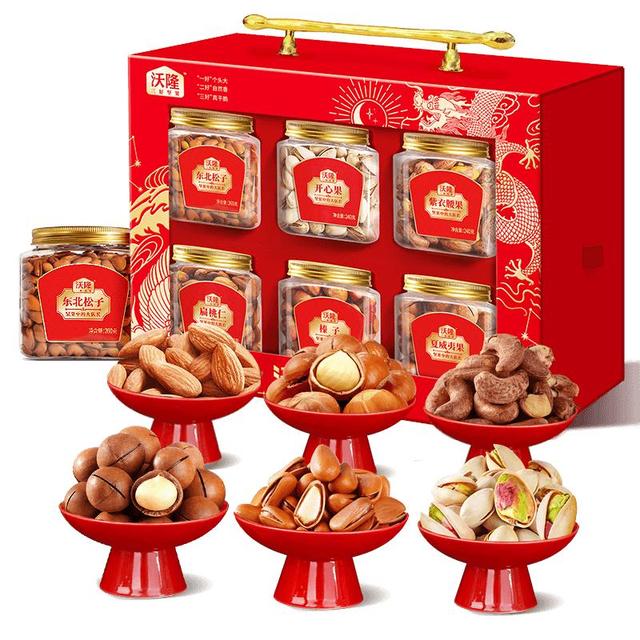 年货大集、今日必买：沃隆 沃福金礼高端纯坚果礼盒 6罐装 1480g（买一送一）