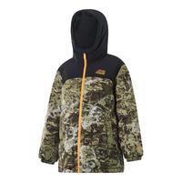 李宁 LI-NING童装中羽绒服男大童24冬85%鸭绒拼色宽松连帽保暖外套YYMU133 深橄榄绿迷彩满印-1 160cm