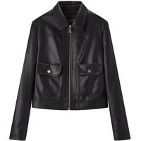 太平鸟女装短外套PU皮衣女秋装时尚高级感翻领旷野美拉德 黑色2 S 