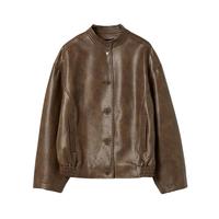 初棉复古立领皮衣外套女做旧 24秋冬重工落肩pu皮夹克机车服 棕色 L