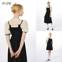 I'M ONE 可脱卸珍珠串珠夏新款唯美修身泡泡袖连衣裙女短袖