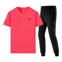 Mizuno美津浓户外套装男夏季透气凉爽亲肤圆领T恤上衣束脚长裤百搭组合装 红色+黑色束脚 2XL