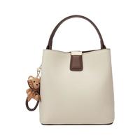 稻草人包包女包2025牛皮轻奢单肩斜挎水桶包 米白