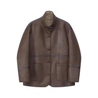 VEGA CHANG仿麂皮外套女2024秋冬翻领两面皮毛一体高级外套 巧克力棕 S