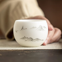 常生源 羊脂玉瓷手绘茶杯 白瓷手绘 礼盒装