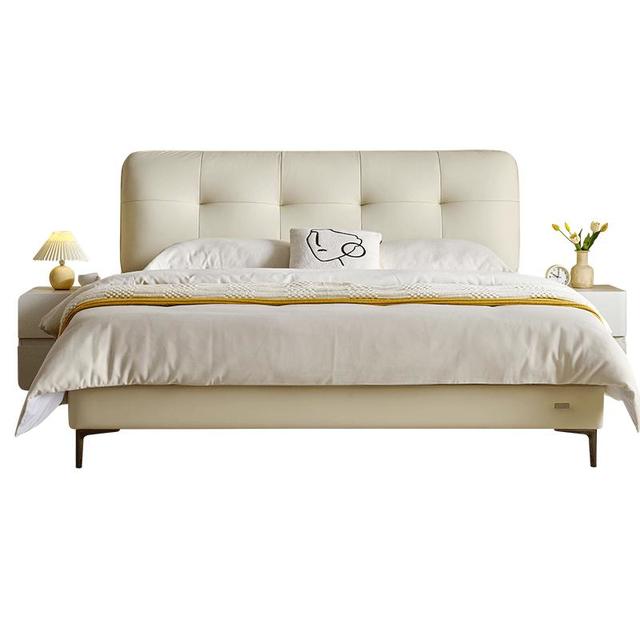 今日必买：全友 家居 头层牛皮真皮床奶油风软包床头主卧室床1.5米双人床116082