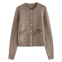 范思蓝恩23FS14741美拉德色系设计感时髦减龄手工蝴蝶结针织开衫 卡其绿 S