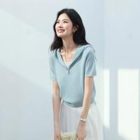 设计感拉链假两件连帽短袖针织衫上衣女2025夏季