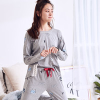 海之宁 HEISION 睡衣女学生纯棉套装可爱卡通长袖衣裤家居服圆领套头宽松舒适全棉 H81QWJT064灰色机器人 M码