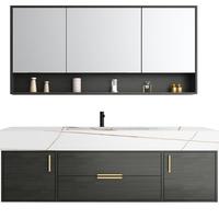 四季沐歌 岩板一体台盆浴室柜实木卫生间洗手洗脸盆台面组合台盆卫浴套装 80cm普通镜柜+岩板陶瓷盆