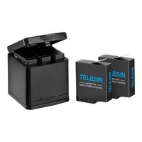 TELESIN 相机电池 4.4V 1200mAh 2粒装 相机电池充电盒 黑色 3槽 收纳式充电盒套装