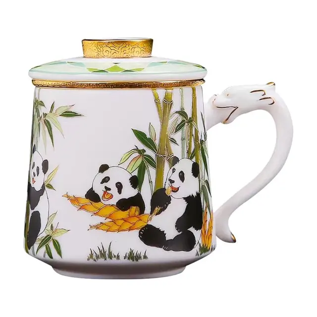梵陶阁德化白瓷羊脂玉瓷描金茶杯陶瓷办公杯带盖过滤个人大号水杯礼品装 知足常乐办公杯450ml礼盒装