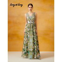 SongofSong 歌中歌（Song of Song）夏季翡翠绿交叉V领优雅高腰连衣裙 翡翠绿 L 40