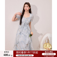 蓝语 大码女装度假风荷叶边流光金连衣裙2025夏季巨显瘦收腰a字裙 灰蓝色 现货 XL