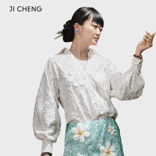 【何健麒同款】Ji Cheng 刺绣花朵长袖衬衫女时尚百搭通勤衬衣