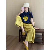 叶紫枫 多巴胺风格休闲套装女夏季新款短袖T恤阔腿裤时尚套装两件套 藏青色上衣 S