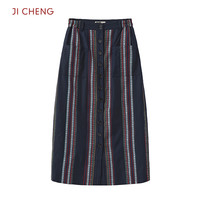 Ji Cheng夏季时尚条纹半身裙 民族风女士松紧腰直筒裙中长裙藏青