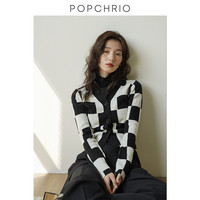 欧可芮 POPCHRIO 不规则撞色格纹针织上衣设计感毛衣开衫羊毛外套女
