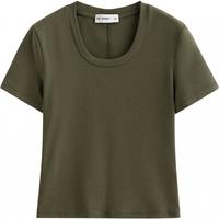 初语t恤女2025修身短款辣妹复古U领套头上衣气质短袖衫 桉树绿 M