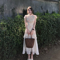 柚伊美 开春绝美新中式改良旗袍2025年新款夏季蕾丝假两件镂空碎花连衣裙