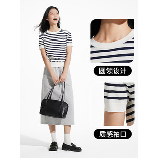 热风 hotwind针织衫秋季短袖上衣2025年女士圆领针织衫韩系条纹打底衫