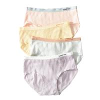 洁丽雅 4条装棉女士内裤运动风条纹中腰短裤女亲肤透气舒适不勒内裤女生 浅粉/浅黄/浅蓝/紫色 L(100-115斤)