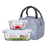 LOCK&LOCK LLG431+LLG821 玻璃保鲜盒套装 两件套 750ml+380ml 青色小格子